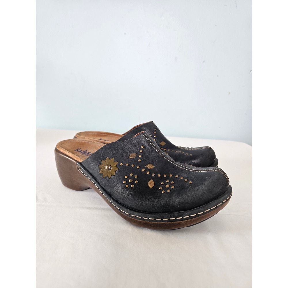 Boho Indigo by Clarks Studded Leather Clog Mules Women 9M Black Floral 80711